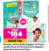 Pampers Active Baby Nappies Or Pants Jumbo Pack Or Premium Care Nappies Value Pack Assorted Sizes