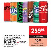 Coca Cola, Fanta, Sprite, Stoney, Sparletta, Schweppes Or Twist Soft Drink Cans-24 x 300ml