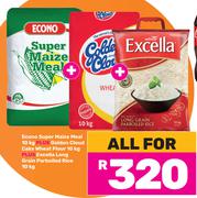 Econo Super Maize Meal 10Kg, GoldenCloud Cake Wheat Flour 10Kg & Excella Parboiled Rice 10Kg-For All