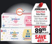 Johnson's Value Pack Baby Wipes Gentle All Over 432 Wipes Or Extra Sensitive 336 Wipes-Per Pack