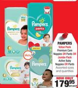 Pampers Value Pack Premium Care Nappies Or Pants Or Jumbo Pack Active Baby Nappies Or Pants-Per Pack