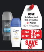 Dove Anti Perspirant Roll On For Men Or Women Assorted-50ml