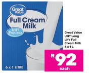 Great Value UHT Long Life Full Cream Milk-6 x 1L Each