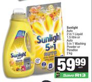Sunlight Auto 2 In 1 Liquid 1.5L Or Auto 5 In 1 Washing Powder Or Paradise 2Kg-Each