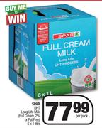 Spar UHT Long Life Milk (Full Cream, 2% Or Fat Free)-6 x 1 Ltr Per Pack