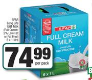 Spar Long Life UHT Milk (Full Cream, 2% Low Fat Or Fat Free)-6x1Ltr Per Pack