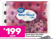 Great Value 1 Ply Toilet Tissue Rolls 48 Pack-Each