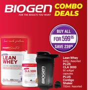 Biogen Lean Whey 640g Plus CLA 3000 90 Softgel Capsules Plus Contigo Shaker 700ml Assorted-Combo