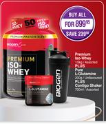 Biogen Premium Iso Whey 1.5Kg Plus Pure L-Glutamine Unflavoured 200g Plus Contigo Shaker 700ml-All F