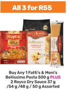 Fatti's & Moni's Bellissimo Pasta 500g Plus 2 x Royco Dry Sauce 37g/54g/48g/50 Assorted-For All 3