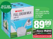 Spar UHT Long Life Milk (Full Cream, Low Fat Or Fat Free)-6 x 1Ltr