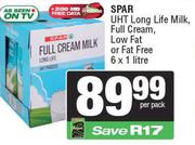 Spar UHT Long Life Milk (Full Cream, Low Fat Or Fat Free)-6 x 1L Per Pack