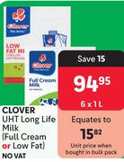 Clover UHT Long Life Milk (Full Cream Or Low Fat)-6 x 1Ltr
