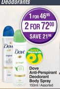 Dove Anti-Perspirant Deodorant Body Spray-150ml Each