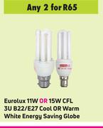 Eurolux 11W Or 15W CFL 3U B22/E27 Cool Or Warm White Energy Saving Globe-For 2