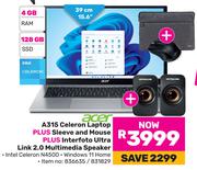 Acer A315 Celeron Laptop, Sleeve And Mouse Plus Interfoto Ultra Link 2.0 Multimedia Speaker