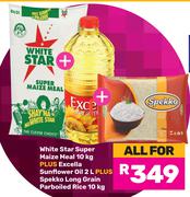 White Star Super Maize Meal 10Kg, Excella Sunflower Oil 2L & Spekko Long Parboiled Rice 10Kg-For All