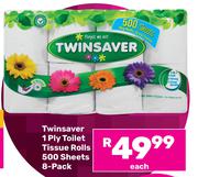 Twinsaver 1Ply Toilet Tissue Rolls (500 Sheets)-8's Pack Each