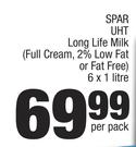 Spar UHT Long Life Milk (Full Cream, 2% Low Fat Or Fat Free)-6x1Ltr Per Pack