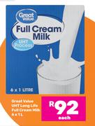 Great Value UHT Long Life Full Cream Milk-6 x 1L Each