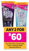Sta-Soft Ultra Concentrate Fabric Softener Refill Assorted-For Any 2 x 500ml
