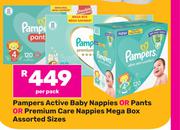 Pampers Active Baby Nappies Or Pants Or Premium Care Nappies Mega Box Assorted Sizes-Per Pack