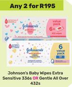 Johnson's Baby Wipes Extra Sensitive 336s Or Gentle All Over 432's Pack-For Any 2