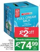 Spar UHT Long Life Milk (Full Cream, 2% Or Fat Free)-6 x 1Ltr Per Pack