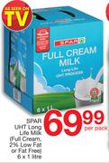 Spar UHT Long Life Milk (Full Cream, 2% Low Fat Or Fat Free)-6 x 1 Ltr Per Pack