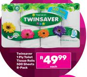 Twinsaver 1 Ply Toilet Tissue Rolls 500 Sheets 8 Pack-Each