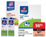 Clover Long Life Milk Full Cream Or Low Fat-6 x 1L