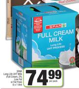 Spar Long Life UHT Milk (Full Cream 2% Low Fat Or fat Free)-6 x 1Ltr Per Pack