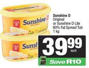 Sunshine D Original Or Sunshine D Lite 60% Fat Spread Tub-1kg Each