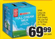 Spar Long Life  UHT Milk (Full Cream, 2% Low Fat Or Fat Free) 6 x 1Ltr-Per Pack