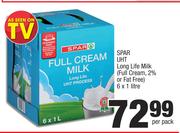 Spar UHT Long Life Milk (Full Cream,2% or Fat Free)-6 x 1 Ltr Per Pack