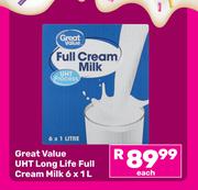 Great Value UHT Long Life Full Cream Milk-6 x 1L Each