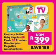 Pampers Active Baby Nappies Or Pants Or Premium Care Nappies Mega Box Assorted Sizes-Per Box