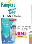 Pampers Active Baby Giant Pack -108's/96's/82's/74's/68's each