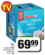Spar UHT Long Life Milk (Full Cream, 2% Or Fat Free)-6 x 1 Ltr Per Pack