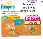 Pampers Sleep & Play Jumbo Packs Mini-88's/Midi-78's/Maxi-68's/Junior-58's Single Pack