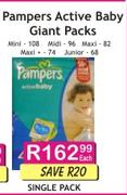 Pampers Active Baby Giant Packs Mini-108's/Midi-96's/Maxi-82's/Maxi+ -74's/Junior-68's Single Pack