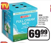 Spar Long Life Milk 2% Fat Free, Full Cream Or Fat Free-6 x 1L Per Pack