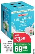 Spar Long Life Milk (2% Low Fat, Full Cream Or Fat Free)-6 x 1Ltr Per Pack
