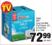 Spar UHT Long Life Milk Full Cream, 2% Or Fat Free-6 x 1L Per Pack