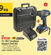 Ryobi 18V Cordless Impact Drill Kit XHD-1820K-Each