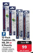 Staedtler 12-Pack Tradition 2B, HB, 2H or H Pencils-Per 12 Pack 