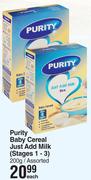 Purity Baby Cereal Just Add Milk Stages 1-3 Assorted-200g Each