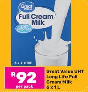 Great Value UHT Long Life Full Cream Milk-6 x 1Ltr Per Pack