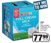 Spar UHT Long Life Milk (Full Cream, 2% Or Fat Free)-6 x 1 Ltr Per Pack