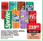 Coca Cola, Fanta,Sprite,Stoney,Sparletta,Schweppes Or Twist Soft Drink Cans-24 x 300ml
